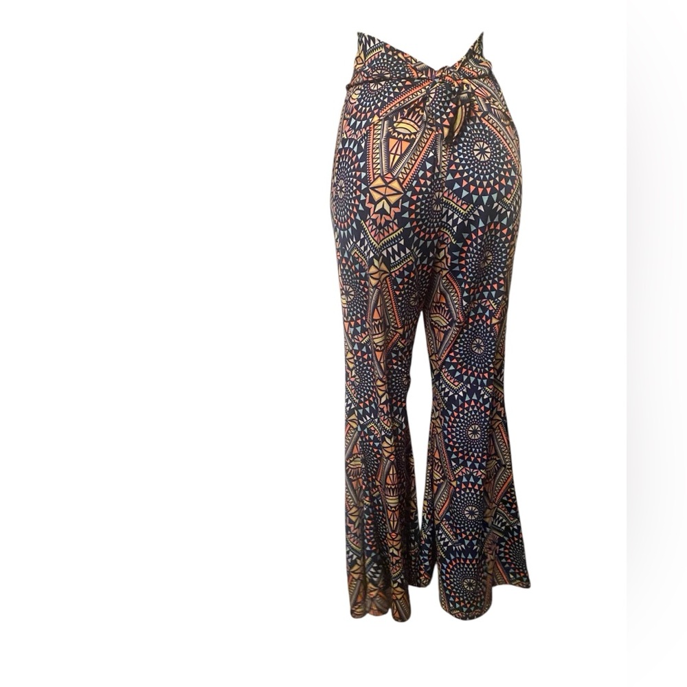 L&B Geometric Flare Pants - Blue, Coral, Tan - Picture 2 of 5